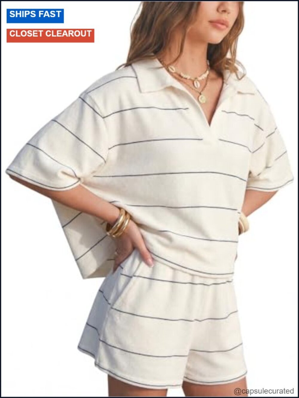 Faux Cashmere Knit 2 Piece Set Polo Top & Lounge Shorts
